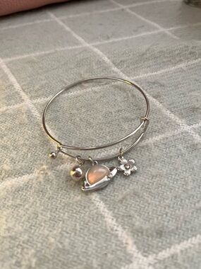 Silver Tone Charm Bangle Bracelet with Moonstone and Daisy Charm